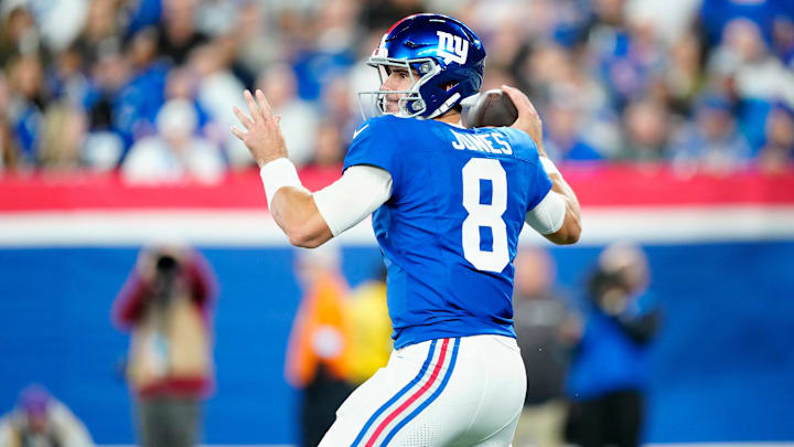 New York Giants quarterback Daniel Jones (8) looks for an open receiver on Sunday, October 13, 2024, in East Rutherford. New York Giants quarterback Daniel Jones (8) looks for an open receiver on Sunday, October 13, 2024, in East Rutherford.