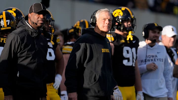 Iowa Hawkeyes head coach Kirk Ferentz watches a replay during a game against the Michigan State Spartans Nov. 22, 2025 at Kinnick Stadium in Iowa City, Iowa.