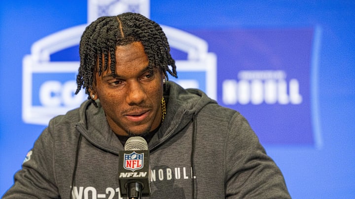 Mar 1, 2024; Indianapolis, IN, USA; Louisiana State wide receiver Malik Nabers (WO21) talks to the