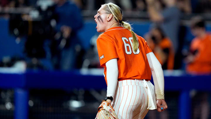 Oklahoma State Cowgirls pitcher Ruby Meylan (66) celebrates during a Bedlam softball game between the Oklahoma State Cowgirls and the Oklahoma Sooners at Devon Park in Oklahoma CIty, Wednesday, April 15, 2026. Oklahoma State won 6-4.