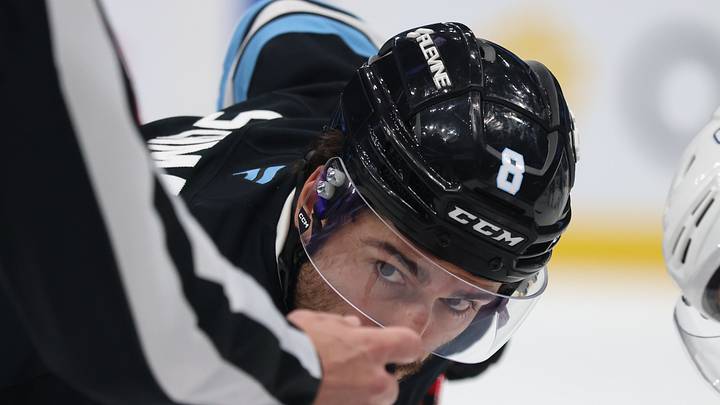 Utah Mammoth center Nick Schmaltz (8) waits for a faceoff against the St. Louis Blues during the first period at Delta Center. Mandatory Credit: Rob Gray-Imagn Images