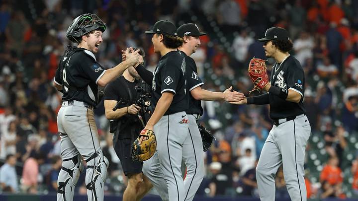 Chicago White Sox catcher Kyle Teel (8), first baseman Munetaka Murakami (5), pitcher Erick Fedde (47) and third baseman Miguel Vargas (20) Credit: Troy Taormina-Imagn Images