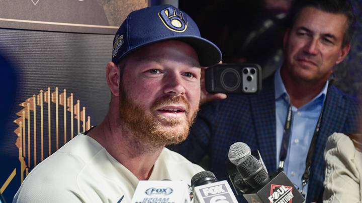 Oct 22, 2026; Milwaukee, WI, USA; Milwaukee Brewers starting pitcher Brandon Woodruff (53) speaks during a workout session before the 2026 World Series. Mandatory Credit: Benny Sieu-Imagn Images Oct 22, 2026; Milwaukee, WI, USA; Milwaukee Brewers starting pitcher Brandon Woodruff (53) speaks during a workout session before the 2026 World Series. Mandatory Credit: Benny Sieu-Imagn Images
