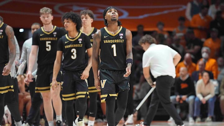Vanderbilt's Jason Edwards (1) on the court during a men’s college basketball game between Tennessee and Vanderbilt at Thompson-Boling Arena at Food City Center, Saturday, Feb. 15, 2025.