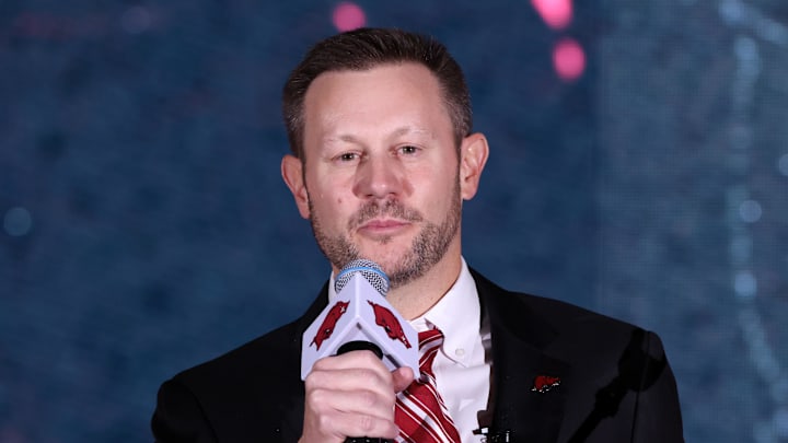 Dec 1, 2025; Fayetteville, AR, USA; Arkansas Razorbacks head football coach Ryan Silverfield during his introduction at a public celebration in the Walker Indoor Pavilion. Mandatory Credit: Nelson Chenault-Imagn Images