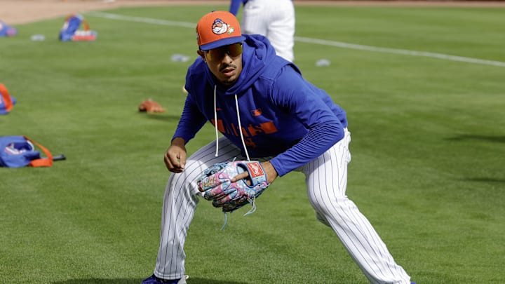 Feb 17, 2026; Port St. Lucie, FL, USA;  New York Mets third baseman Mark Vientos (27) fields ground balls during the New York Mets spring training workouts at Clover Park. Mandatory Credit: Reinhold Matay-Imagn Images
