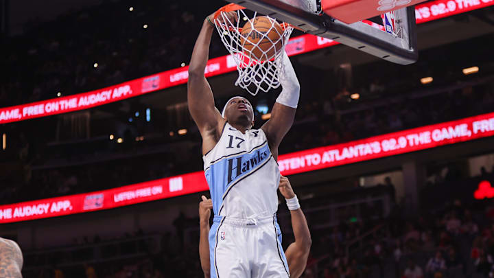 Mar 23, 2025; Atlanta, Georgia, USA; Atlanta Hawks forward Onyeka Okongwu (17) dunks against the Philadelphia 76ers in the third quarter at State Farm Arena. Mandatory Credit: Brett Davis-Imagn Images
Mar 23, 2025; Atlanta, Georgia, USA; Atlanta Hawks forward Onyeka Okongwu (17) dunks against the Philadelphia 76ers in the third quarter at State Farm Arena. Mandatory Credit: Brett Davis-Imagn Images