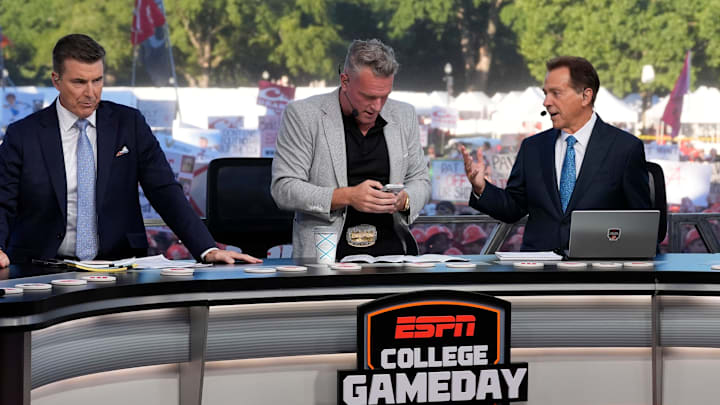 Rece Davis, Pat McAfee and Nick Saban interact on the set of ESPN’s College GameDay on location on the Quad at the University of Alabama before the Alabama versus Vanderbilt game. Rece Davis, Pat McAfee and Nick Saban interact on the set of ESPN’s College GameDay on location on the Quad at the University of Alabama before the Alabama versus Vanderbilt game.