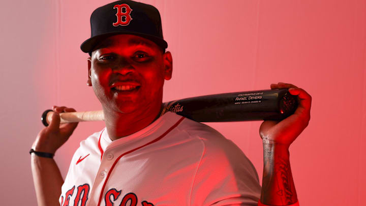 Feb 18, 2025; Lee County, FL, USA; Boston Red Sox third baseman Rafael Devers (11) participates in media day at JetBlue Park at Fenway South. Mandatory Credit: Nathan Ray Seebeck-Imagn Images