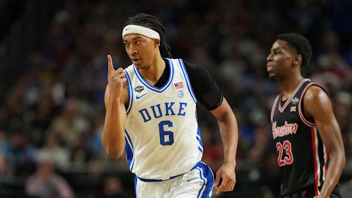 Apr 5, 2025; San Antonio, TX, USA; Duke Blue Devils forward Maliq Brown (6) reacts after a play against the Houston Cougars during the first half in the semifinals of the men's Final Four of the 2025 NCAA Tournament at the Alamodome. Mandatory Credit: Bob Donnan-Imagn Images