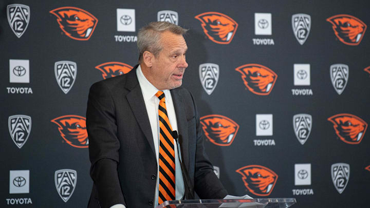 Vice president and director of athletics Scott Barnes speaks about the hiring of JaMarcus Shephard as the new head coach for Oregon State football at Reser Stadium on Tuesday, Dec. 2 29, 2025, in Corvallis, Ore. Vice president and director of athletics Scott Barnes speaks about the hiring of JaMarcus Shephard as the new head coach for Oregon State football at Reser Stadium on Tuesday, Dec. 2 29, 2025, in Corvallis, Ore.