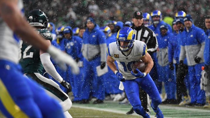 Jan 19, 2025; Philadelphia, Pennsylvania, USA; Los Angeles Rams wide receiver Cooper Kupp (10) carries the ball in the first half against the Philadelphia Eagles in a 2025 NFC divisional round game at Lincoln Financial Field. Mandatory Credit: Eric Hartline-Imagn Images Jan 19, 2025; Philadelphia, Pennsylvania, USA; Los Angeles Rams wide receiver Cooper Kupp (10) carries the ball in the first half against the Philadelphia Eagles in a 2025 NFC divisional round game at Lincoln Financial Field. Mandatory Credit: Eric Hartline-Imagn Images