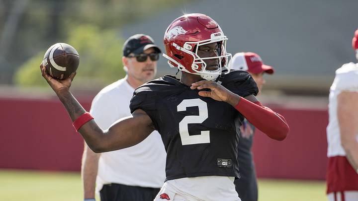 Apr 2, 2026; Fayetteville, AR, USA;  Arkansas Razorbacks quarterback AJ Hill (2) gets ready to throw a pass during spring practice at the Arkansas Razorbacks practice facilities. Mandatory Credit: Brett Rojo-Imagn Images