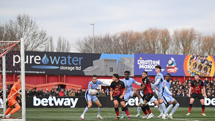Spurs defending a set piece during the game