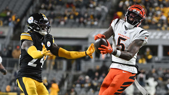 Jan 4, 2025; Pittsburgh, Pennsylvania, USA; Cincinnati Bengals wide receiver Tee Higgins (5) catches a pass in front of Pittsburgh Steelers cornerback Joey Porter Jr. (24) during the second quarter at Acrisure Stadium. Mandatory Credit: Barry Reeger-Imagn Images