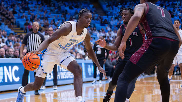Nov 14, 2025; Chapel Hill, North Carolina, USA; North Carolina Tar Heels forward Caleb Wilson (8) drives to the basket against the North Carolina Central Eagles in the second half at Dean E. Smith Center. Mandatory Credit: Scott Kinser-Imagn Images