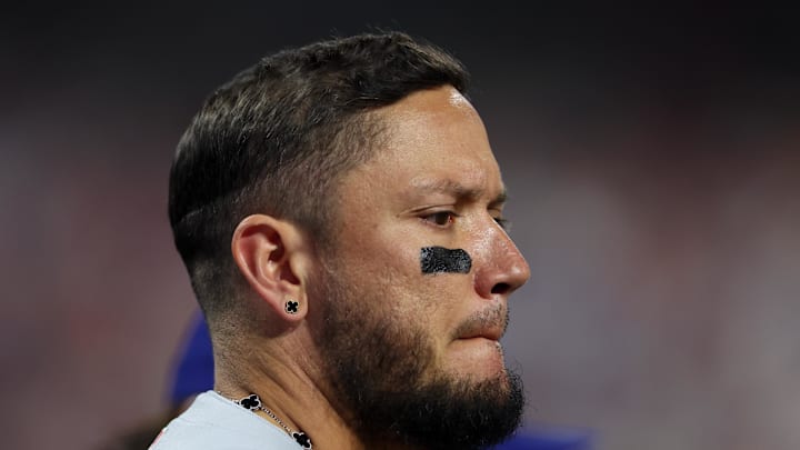 Apr 4, 2025; Philadelphia, Pennsylvania, USA; Los Angeles Dodgers short stop Miguel Rojas (72) looks on against the Philadelphia Phillies at Citizens Bank Park. Mandatory Credit: Bill Streicher-Imagn Images