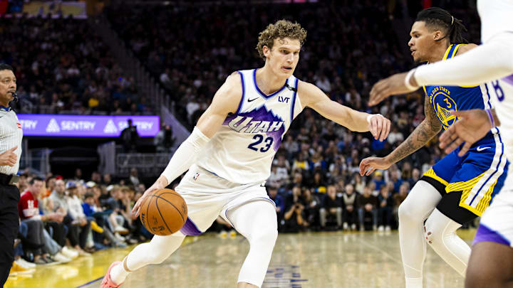 Jan 3, 2026; San Francisco, California, USA; Utah Jazz forward Lauri Markkanen (23) drives to the basket against the Golden State Warriors during the third quarter at Chase Center. Mandatory Credit: John Hefti-Imagn Images Jan 3, 2026; San Francisco, California, USA; Utah Jazz forward Lauri Markkanen (23) drives to the basket against the Golden State Warriors during the third quarter at Chase Center. Mandatory Credit: John Hefti-Imagn Images