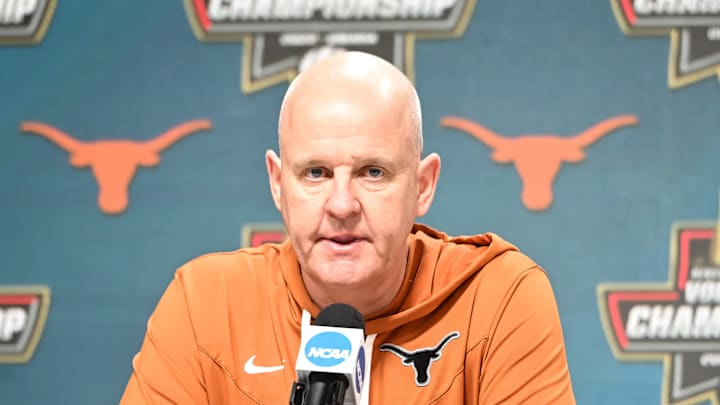 Dec 17, 2022; Omaha, Nebraska, US; Texas Longhorns head coach Jerritt Elliott during the press conference after the win against the Louisville Cardinals at CHI Health Center. Mandatory Credit: Steven Branscombe-Imagn Images Dec 17, 2022; Omaha, Nebraska, US; Texas Longhorns head coach Jerritt Elliott during the press conference after the win against the Louisville Cardinals at CHI Health Center. Mandatory Credit: Steven Branscombe-Imagn Images