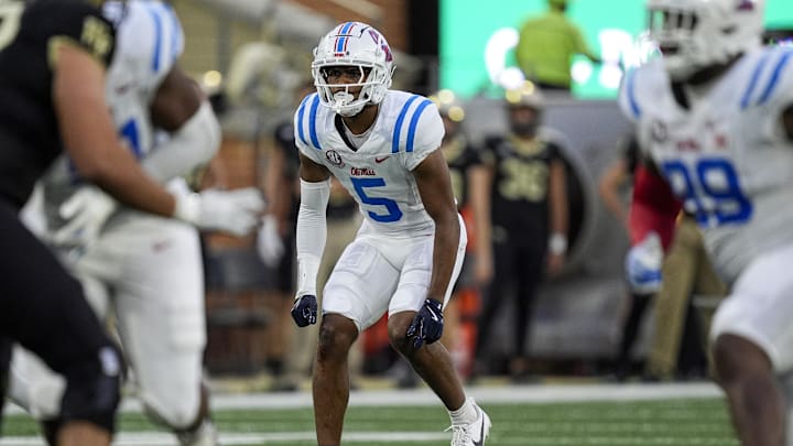 Sep 14, 2024; Winston-Salem, North Carolina, USA; Mississippi Rebels safety John Saunders Jr. (5) during the first half against the Wake Forest Demon Deacons at Allegacy Federal Credit Union Stadium. Mandatory Credit: Jim Dedmon-Imagn Images