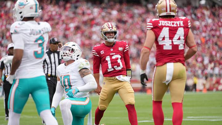 Sep 20, 2026; Santa Clara, California, USA; San Francisco 49ers quarterback Brock Purdy (13) celebrates after running for a touchdown against the Miami Dolphins in the second quarter at Levi's Stadium. Mandatory Credit: Cary Edmondson-Imagn Images Sep 20, 2026; Santa Clara, California, USA; San Francisco 49ers quarterback Brock Purdy (13) celebrates after running for a touchdown against the Miami Dolphins in the second quarter at Levi's Stadium. Mandatory Credit: Cary Edmondson-Imagn Images