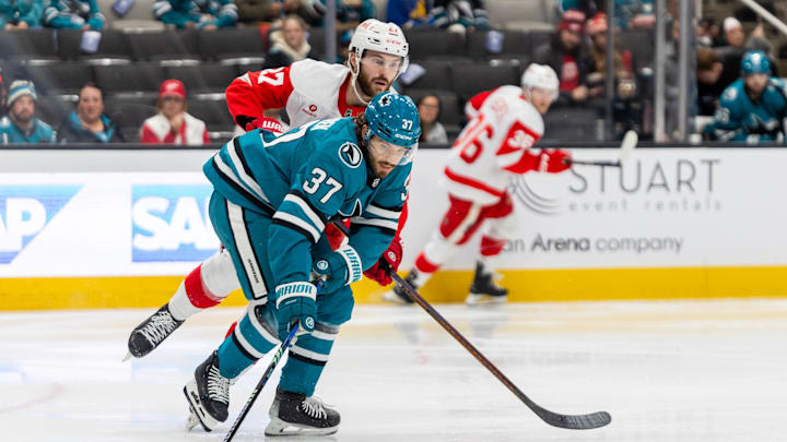 Nov 18, 2024; San Jose, California, USA; San Jose Sharks defenseman Timothy Liljegren (37) plays defense during the first period against the Detroit Red Wings at SAP Center at San Jose. Mandatory Credit: Bob Kupbens-Imagn Images