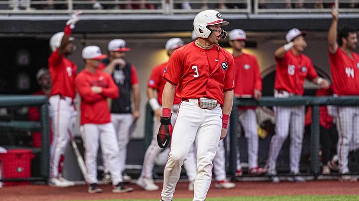 May 31, 2026; Athens, GA, USA; Georgia Bulldogs catcher Daniel Jackson (3) reacts after scoring a run against the Liberty Flames during the eighth inning at Foley Field. Mandatory Credit: Dale Zanine-Imagn Images