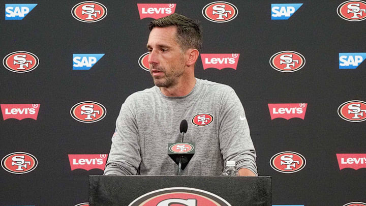 Jul 28, 2017; Santa Clara, CA, USA; San Francisco 49ers head coach Kyle Shanahan speaks to the media during a press conference after training camp at Levi s Stadium. Mandatory Credit: Stan Szeto-Imagn Images