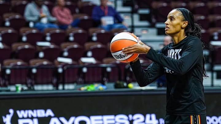 Oct 6, 2024; Uncasville, Connecticut, USA; Connecticut Sun forward DeWanna Bonner (24) warms up before the start of game four of the 2024 WNBA Semi-finals against the Minnesota Lynx at Mohegan Sun Arena. Mandatory Credit: David Butler II-Imagn Images