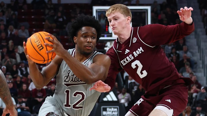 Feb 18, 2025; Starkville, Mississippi, USA; Mississippi State Bulldogs guard Josh Hubbard (12) drives against Texas A&M Aggies guard Hayden Hefner (2) during the second half at Humphrey Coliseum. Mandatory Credit: Petre Thomas-Imagn Images Feb 18, 2025; Starkville, Mississippi, USA; Mississippi State Bulldogs guard Josh Hubbard (12) drives against Texas A&M Aggies guard Hayden Hefner (2) during the second half at Humphrey Coliseum. Mandatory Credit: Petre Thomas-Imagn Images