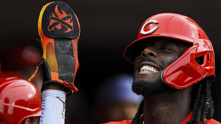 Apr 28, 2026; Cincinnati, Ohio, USA; Cincinnati Reds shortstop Elly de la Cruz (44) reacts after scoring on a two-run home run hit by outfielder Spencer Steer (7) in the first inning against the Colorado Rockies at Great American Ball Park. Mandatory Credit: Katie Stratman-Imagn Images