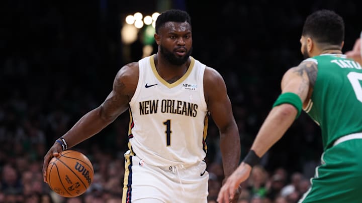 Jan 12, 2025; Boston, Massachusetts, USA; New Orleans Pelicans forward Zion Williamson (1) dribbles down the court during the second half against the Boston Celtics at TD Garden. Mandatory Credit: Paul Rutherford-Imagn Images Jan 12, 2025; Boston, Massachusetts, USA; New Orleans Pelicans forward Zion Williamson (1) dribbles down the court during the second half against the Boston Celtics at TD Garden. Mandatory Credit: Paul Rutherford-Imagn Images