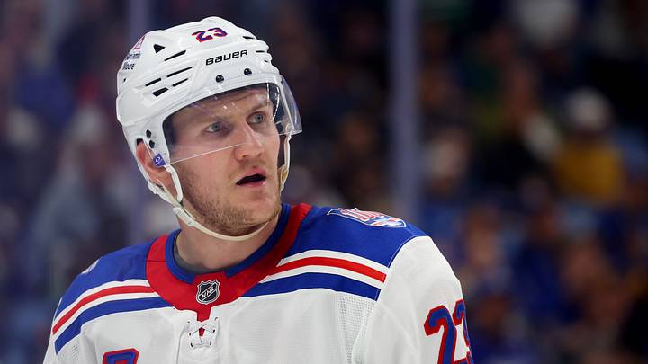 Oct 9, 2025; Buffalo, New York, USA;  New York Rangers defenseman Adam Fox (23) during a stoppage in play against the Buffalo Sabres during the third period at KeyBank Center. Mandatory Credit: Timothy T. Ludwig-Imagn Images