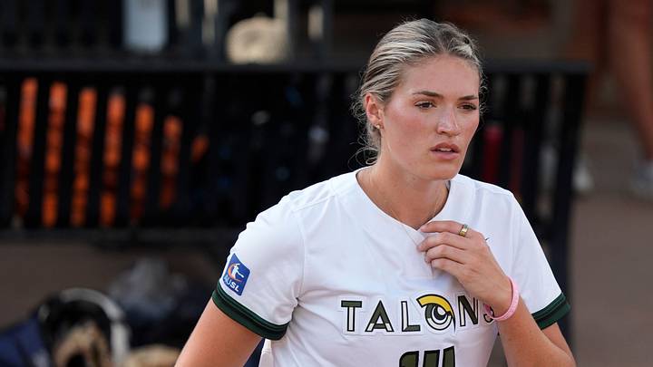 July 22, 2025; Tuscaloosa, AL, USA; Former University of Alabama star pitcher Montana Fouts returned to Rhoads Stadium for the first time as a professional, pitching for the Talons of the Athletes United Softball League as they played the Volts.