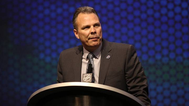 Jun 27, 2014; Philadelphia, PA, USA; Winnipeg Jets general manager Kevin Cheveldayoff announces Nikolaj Ehlers (not pictured) as the number nine overall pick to the Winnipeg Jets in the first round of the 2014 NHL Draft at Wells Fargo Center. Mandatory Credit: Bill Streicher-Imagn Images