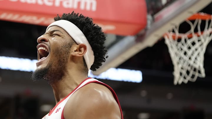 Feb. 10, 2024; Columbus, Ohio, USA; 
Ohio State Buckeyes guard Roddy Gayle Jr. (1) reacts as the