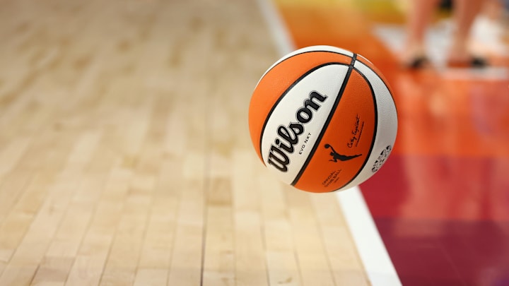 Jun 30, 2024; Phoenix, Arizona, USA; Detailed view of an official WNBA basketball during the Phoenix Mercury game against the Indiana Fever at Footprint Center. Mandatory Credit: Mark J. Rebilas-Imagn Images