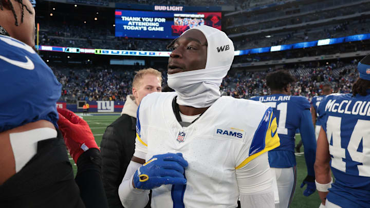 Dec 31, 2023; East Rutherford, New Jersey, USA; Los Angeles Rams cornerback Derion Kendrick (1) at MetLife Stadium. Mandatory Credit: Vincent Carchietta-Imagn Images