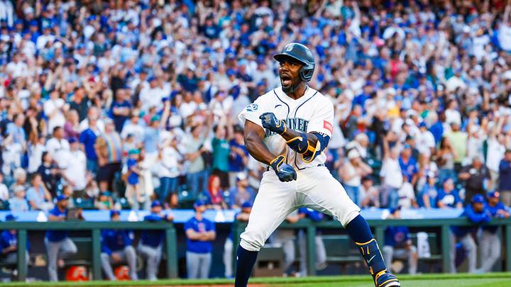 Aug 22, 2026; Seattle, Washington, USA; Seattle Mariners left fielder Randy Arozarena (56) reacts after hitting a walk-off two-run home run against the Chicago Cubs during the ninth inning at T-Mobile Park. Mandatory Credit: Joe Nicholson-Imagn Images