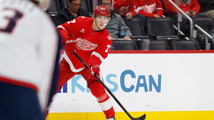 Apr 7, 2026; Detroit, Michigan, USA; Detroit Red Wings defenseman Simon Edvinsson (77) passes in the second period against the Columbus Blue Jackets at Little Caesars Arena. Mandatory Credit: Rick Osentoski-Imagn Images Apr 7, 2026; Detroit, Michigan, USA; Detroit Red Wings defenseman Simon Edvinsson (77) passes in the second period against the Columbus Blue Jackets at Little Caesars Arena. Mandatory Credit: Rick Osentoski-Imagn Images
