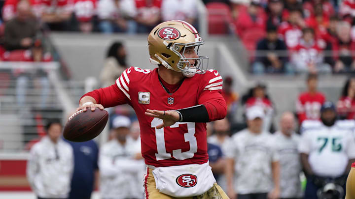 Nov 17, 2024; Santa Clara, California, USA; San Francisco 49ers quarterback Brock Purdy (13) throws a pass against the Seattle Seahawks in the second quarter at Levi's Stadium. Mandatory Credit: David Gonzales-Imagn Images Nov 17, 2024; Santa Clara, California, USA; San Francisco 49ers quarterback Brock Purdy (13) throws a pass against the Seattle Seahawks in the second quarter at Levi's Stadium. Mandatory Credit: David Gonzales-Imagn Images
