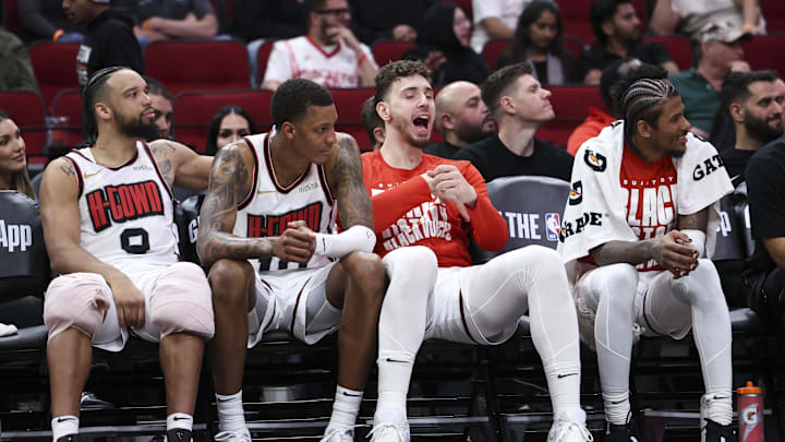Feb 26, 2025; Houston, Texas, USA; Houston Rockets center Alperen Sengun (28) reacts from the bench during the fourth quarter against the San Antonio Spurs at Toyota Center. Mandatory Credit: Troy Taormina-Imagn Images