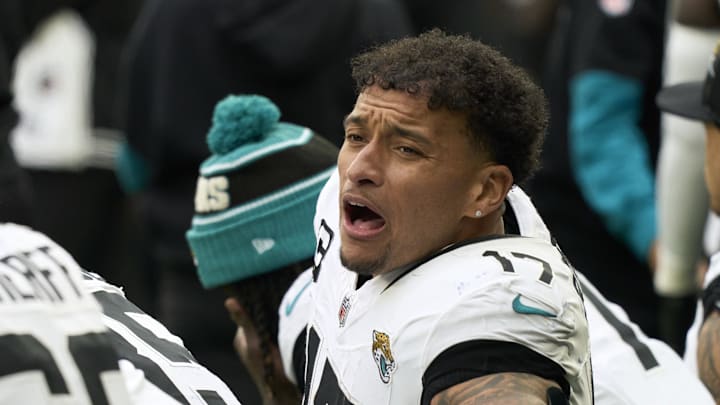 Oct 13, 2024; London, United Kingdom;  Jacksonville Jaguars tight end Evan Engram (17) during the second half of an NFL International Series game at Tottenham Hotspur Stadium. Mandatory Credit: Peter van den Berg-Imagn Images