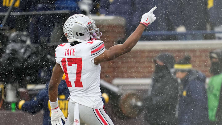 Ohio State Buckeyes wide receiver Carnell Tate (17) celebrates a touchdown catch during the NCAA football game against the Michigan Wolverines at Michigan Stadium in Ann Arbor, Mich. on Nov. 29, 2025. Ohio State won 27-9. Ohio State Buckeyes wide receiver Carnell Tate (17) celebrates a touchdown catch during the NCAA football game against the Michigan Wolverines at Michigan Stadium in Ann Arbor, Mich. on Nov. 29, 2025. Ohio State won 27-9.