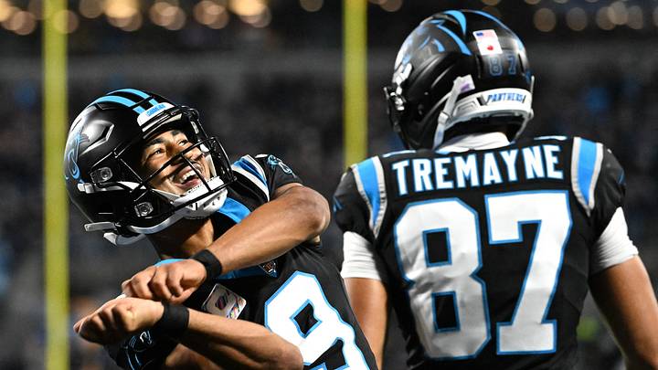 Carolina Panthers quarterback Bryce Young (9) celebrates after a touchdown by wide receiver Tetairoa McMillan Carolina Panthers quarterback Bryce Young (9) celebrates after a touchdown by wide receiver Tetairoa McMillan