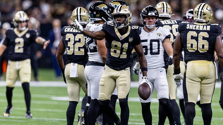 Aug 15, 2026; New Orleans, Louisiana, USA; New Orleans Saints wide receiver Kevin Austin Jr. (81) reacts to making a first down against Jacksonville Jaguars linebacker Branson Combs (50) during the first half at Caesars Superdome. Mandatory Credit: Stephen Lew-Imagn Images Aug 15, 2026; New Orleans, Louisiana, USA; New Orleans Saints wide receiver Kevin Austin Jr. (81) reacts to making a first down against Jacksonville Jaguars linebacker Branson Combs (50) during the first half at Caesars Superdome. Mandatory Credit: Stephen Lew-Imagn Images