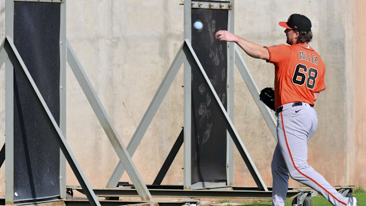 Feb 10, 2026; Scottsdale, AZ, USA;  San Francisco Giants pitcher Erik Miller (68) throws a weighted ball during a Spring Training workout at Scottsdale Stadium Mandatory Credit: Matt Kartozian-Imagn Images