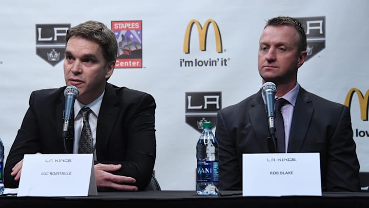 Apr 11, 2017; Los Angeles, CA, USA; Los Angeles Kings president Luc Robitaille (left) and general manager Rob Blake are introduced during press conference at the Staples Center. Mandatory Credit: Kirby Lee-Imagn Images
