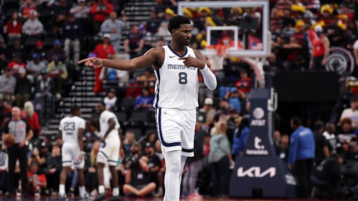 Nov 28, 2025; Inglewood, California, USA;  Memphis Grizzlies forward Jaren Jackson Jr. (8) reacts during the fourth quarter against the Los Angeles Clippers at Intuit Dome. Mandatory Credit: Kiyoshi Mio-Imagn Images