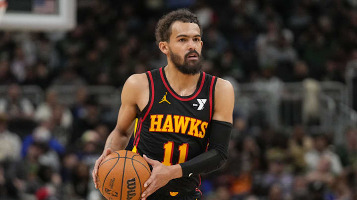 Mar 30, 2025; Milwaukee, Wisconsin, USA; Atlanta Hawks guard Trae Young (11) during the game against the Milwaukee Bucks at Fiserv Forum. Mandatory Credit: Jeff Hanisch-Imagn Images Mar 30, 2025; Milwaukee, Wisconsin, USA; Atlanta Hawks guard Trae Young (11) during the game against the Milwaukee Bucks at Fiserv Forum. Mandatory Credit: Jeff Hanisch-Imagn Images